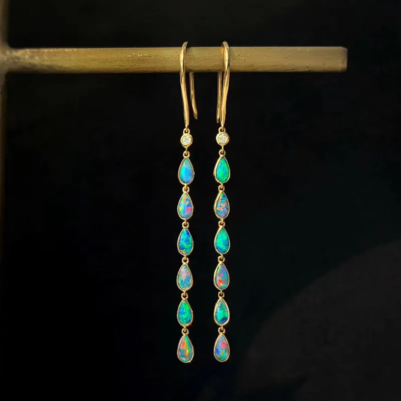 18K Gold Diamond Pear Cut Natural Opal 5CM Ear Hook