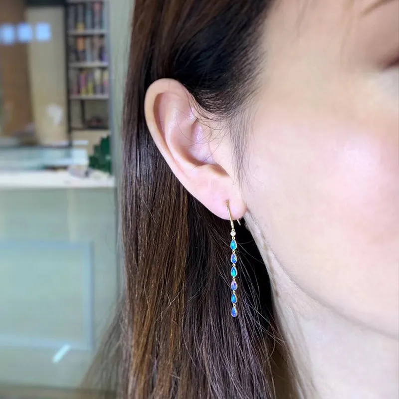 18K Gold Diamond Pear Cut Natural Opal 5CM Ear Hook