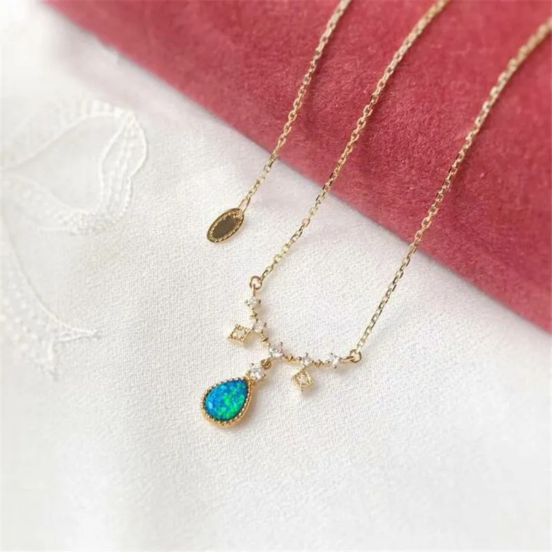 18K Gold Diamond  Pear Cut Natural Opal Pendant Necklace