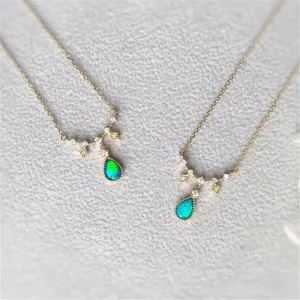 18K Gold Diamond  Pear Cut Natural Opal Pendant Necklace