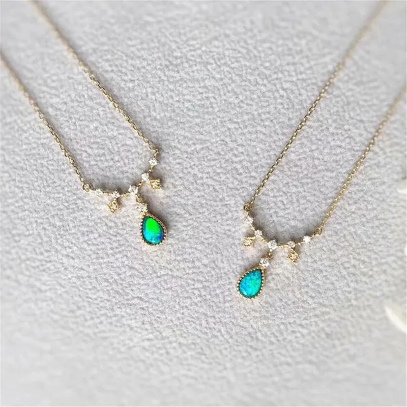 18K Gold Diamond  Pear Cut Natural Opal Pendant Necklace