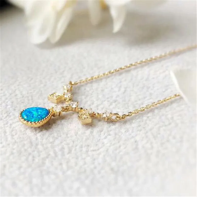 18K Gold Diamond  Pear Cut Natural Opal Pendant Necklace