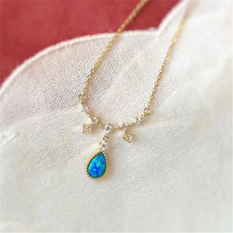 18K Gold Diamond  Pear Cut Natural Opal Pendant Necklace