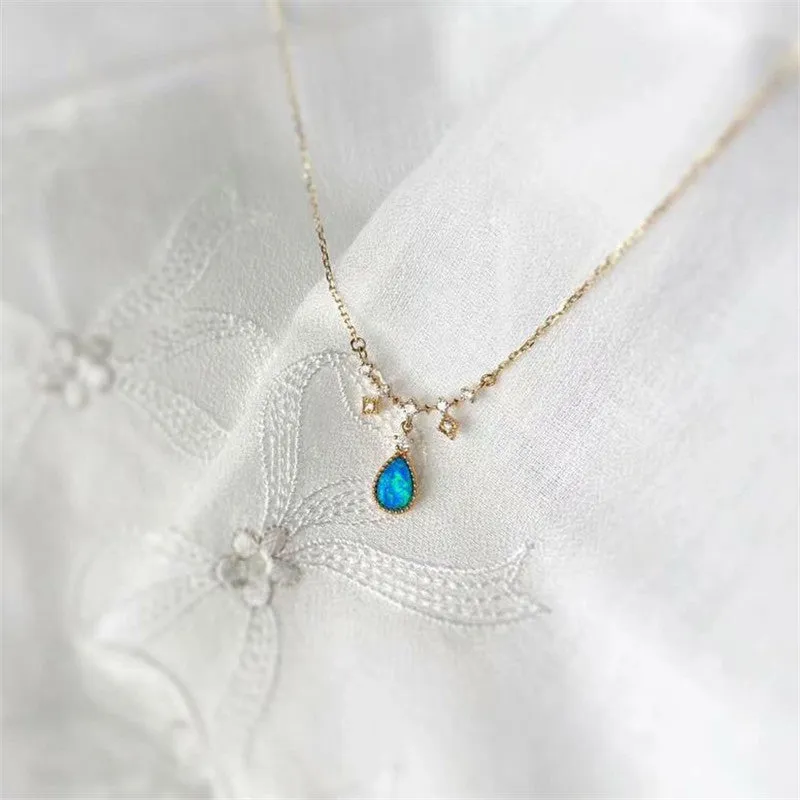 18K Gold Diamond  Pear Cut Natural Opal Pendant Necklace