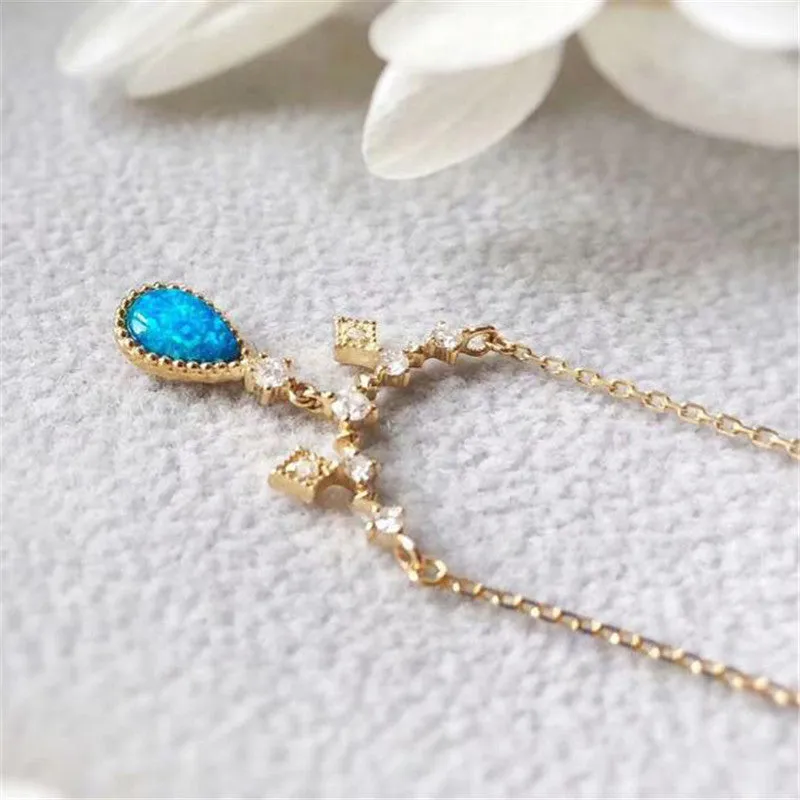 18K Gold Diamond  Pear Cut Natural Opal Pendant Necklace