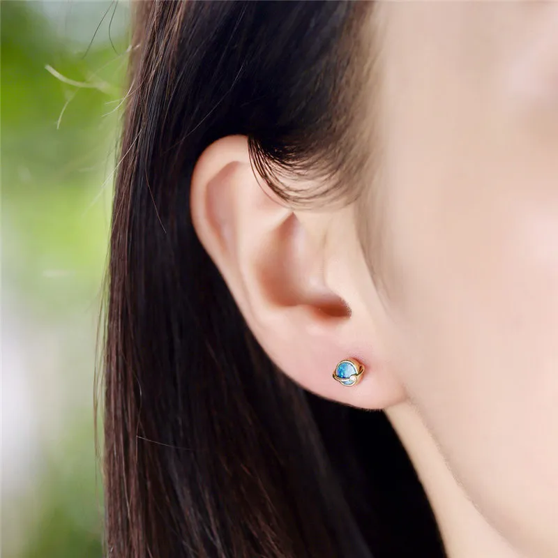 18K Gold Diamond Round Cut Natural Opal 0.03ct Ball Earrings