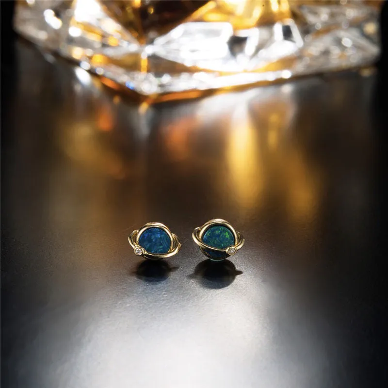 18K Gold Diamond Round Cut Natural Opal 0.03ct Ball Earrings