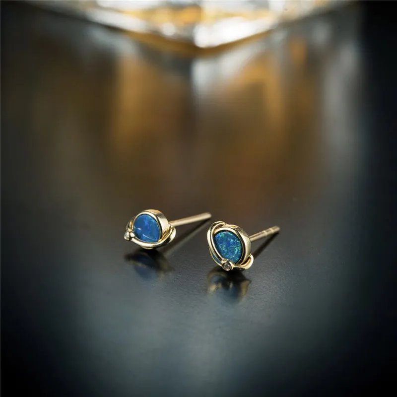 18K Gold Diamond Round Cut Natural Opal 0.03ct Ball Earrings