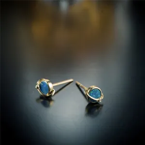 18K Gold Diamond Round Cut Natural Opal 0.03ct Ball Earrings