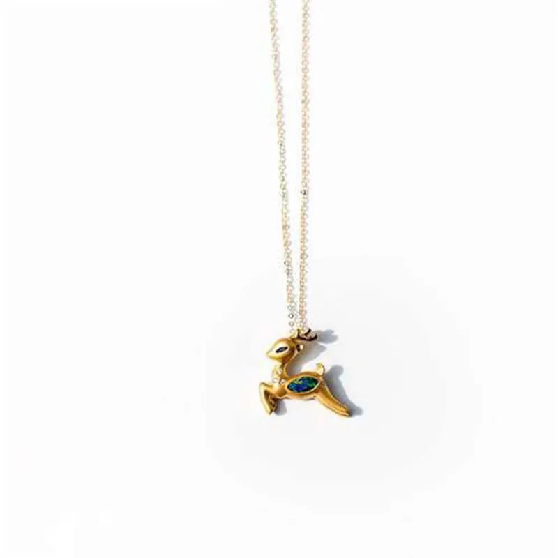 18K Gold Diamond Sapphire Marquise Cut Natural Opal 17X18MM Deer Pendant Necklace