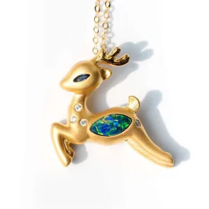18K Gold Diamond Sapphire Marquise Cut Natural Opal 17X18MM Deer Pendant Necklace