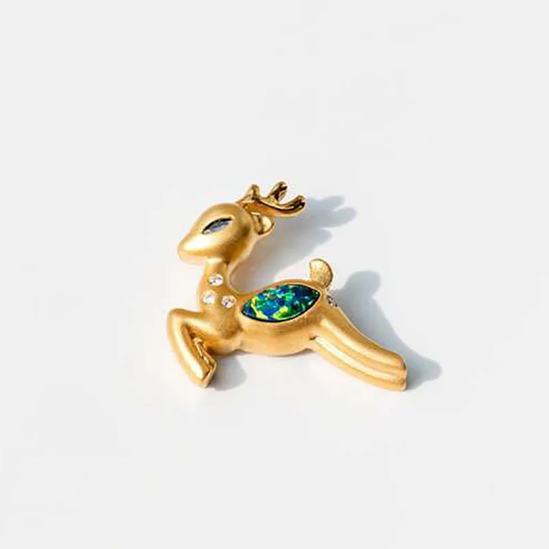 18K Gold Diamond Sapphire Marquise Cut Natural Opal 17X18MM Deer Pendant Necklace