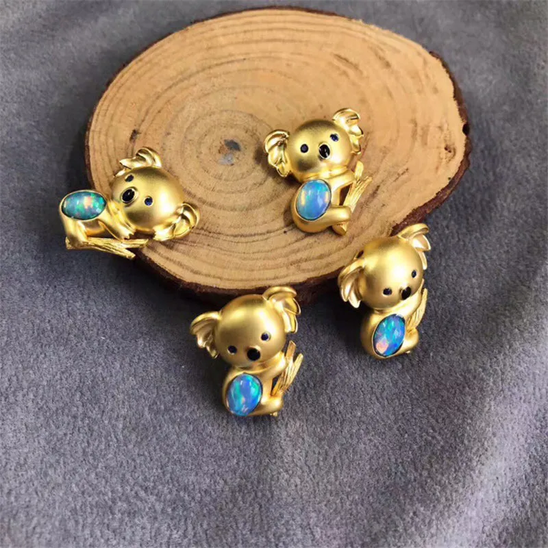 18K Gold Diamond Sapphire Oval Cut Natural Opal Koala Pendant Necklace