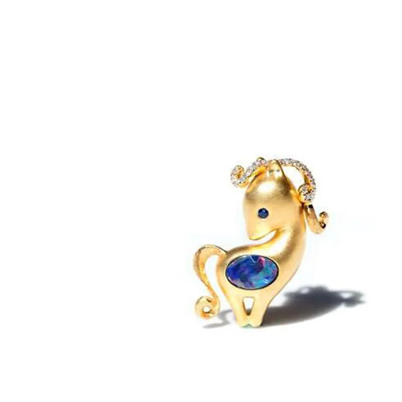 18K Gold Diamond Sapphire Round Cut Natural Opal 12X16MM Horse Pendant Necklace