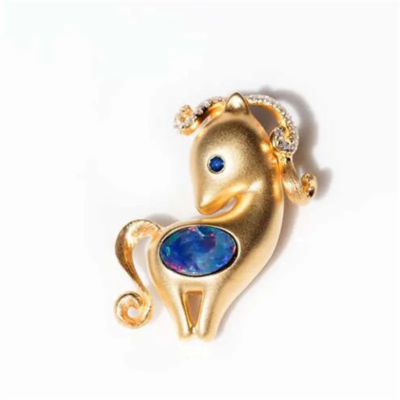 18K Gold Diamond Sapphire Round Cut Natural Opal 12X16MM Horse Pendant Necklace