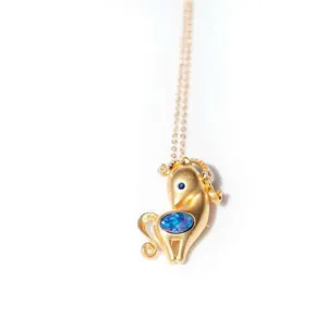 18K Gold Diamond Sapphire Round Cut Natural Opal 12X16MM Horse Pendant Necklace