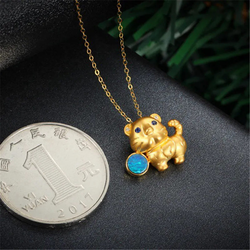 18K Gold Diamond Sapphire Round Cut Natural Opal 15X20M Tiger Pendant Necklace