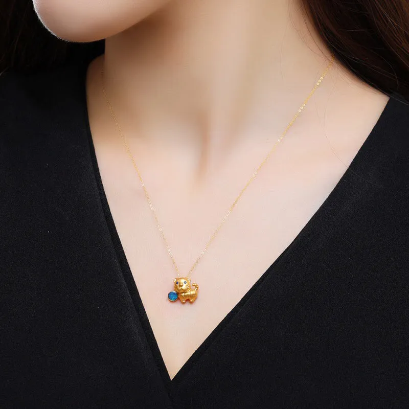 18K Gold Diamond Sapphire Round Cut Natural Opal 15X20M Tiger Pendant Necklace