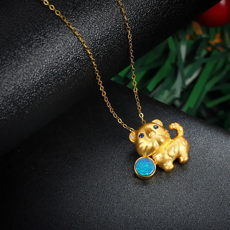18K Gold Diamond Sapphire Round Cut Natural Opal 15X20M Tiger Pendant Necklace