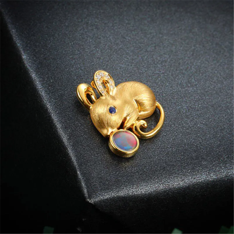 18K Gold Diamond Sapphire Round Cut Natural Opal 16X18M Mouse Pendant Necklace