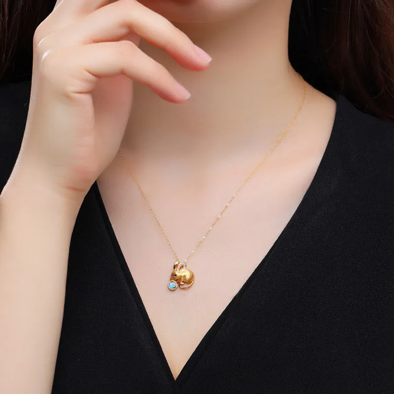 18K Gold Diamond Sapphire Round Cut Natural Opal 16X18M Mouse Pendant Necklace