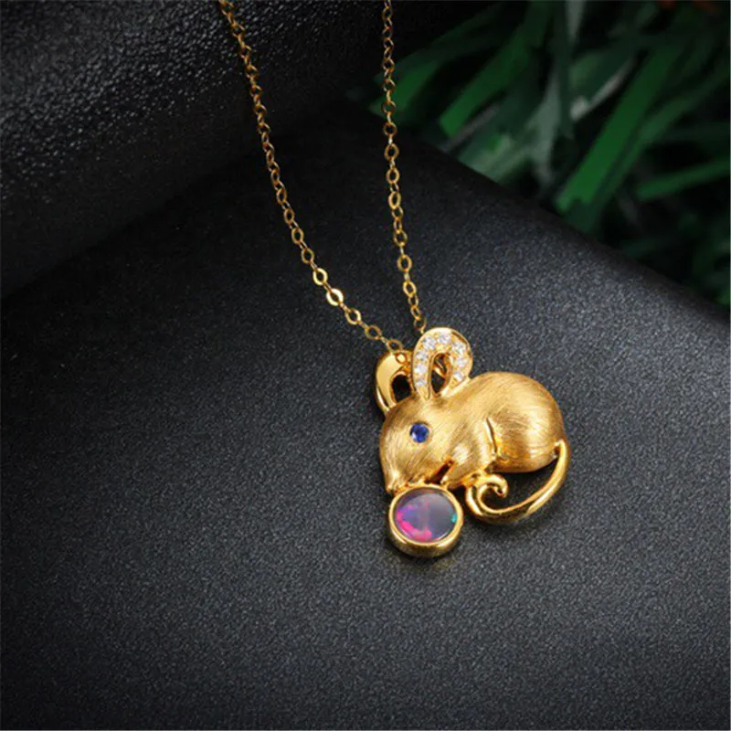 18K Gold Diamond Sapphire Round Cut Natural Opal 16X18M Mouse Pendant Necklace