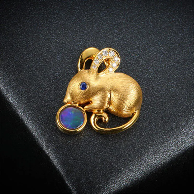 18K Gold Diamond Sapphire Round Cut Natural Opal 16X18M Mouse Pendant Necklace