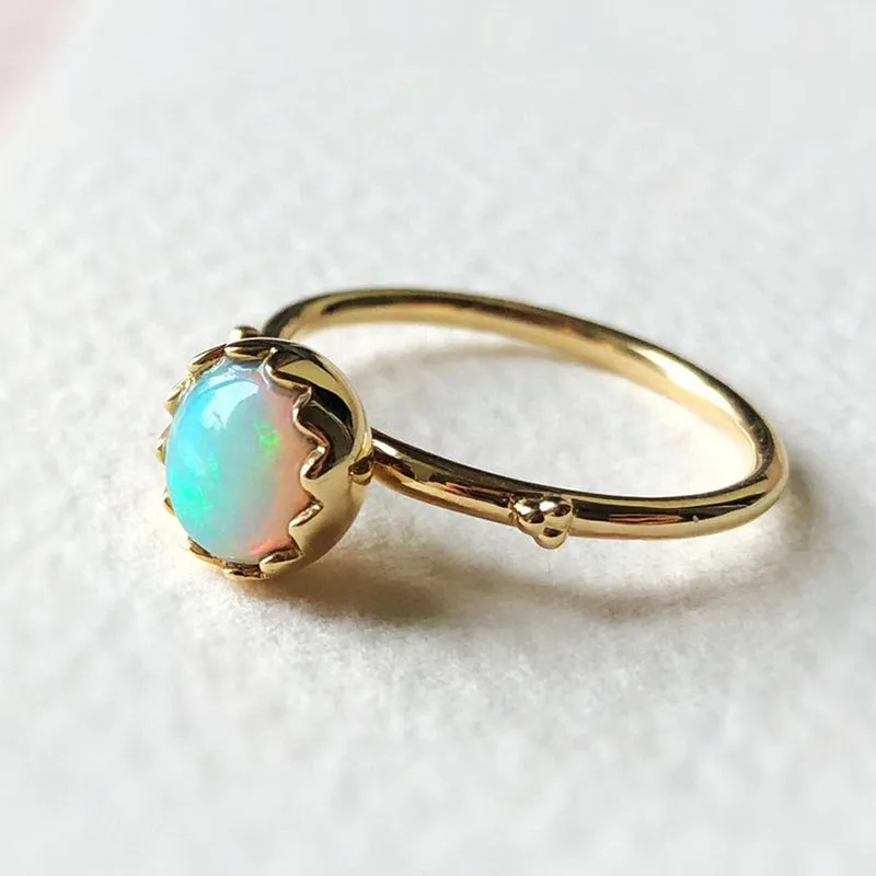 18K Gold Eggshell Shape 0.60ct Natural Opal Solitaire Ring