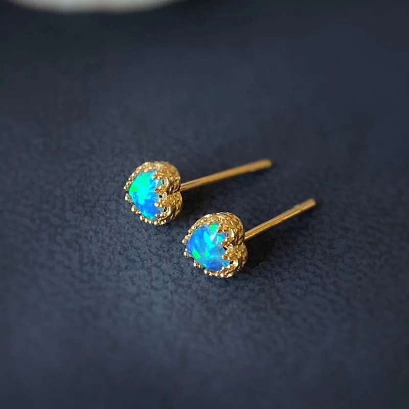 18K Gold Heart Shape 0.10ct Natural Blue Opal Stud Earrings