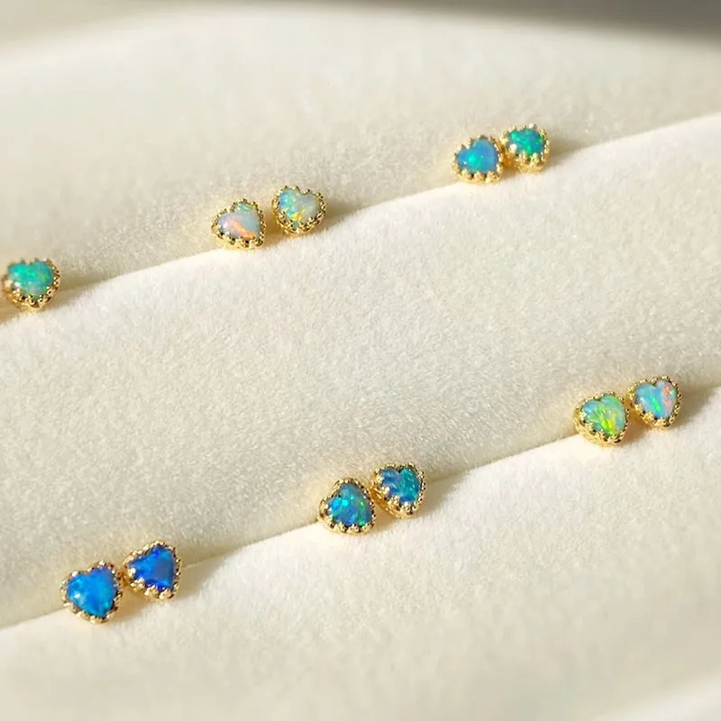 18K Gold Heart Shape 0.10ct Natural Blue Opal Stud Earrings