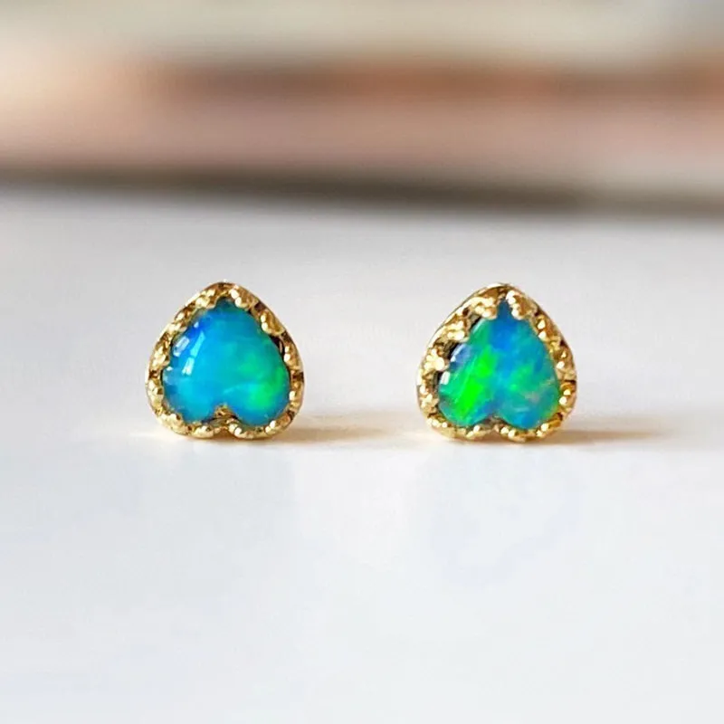 18K Gold Heart Shape 0.10ct Natural Blue Opal Stud Earrings