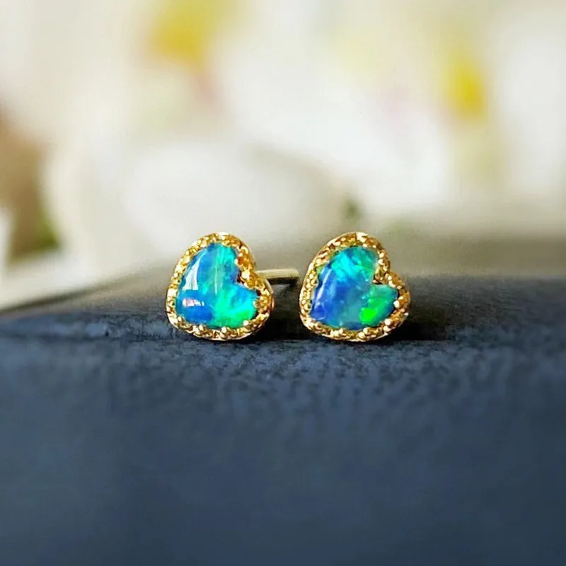 18K Gold Heart Shape 0.10ct Natural Blue Opal Stud Earrings
