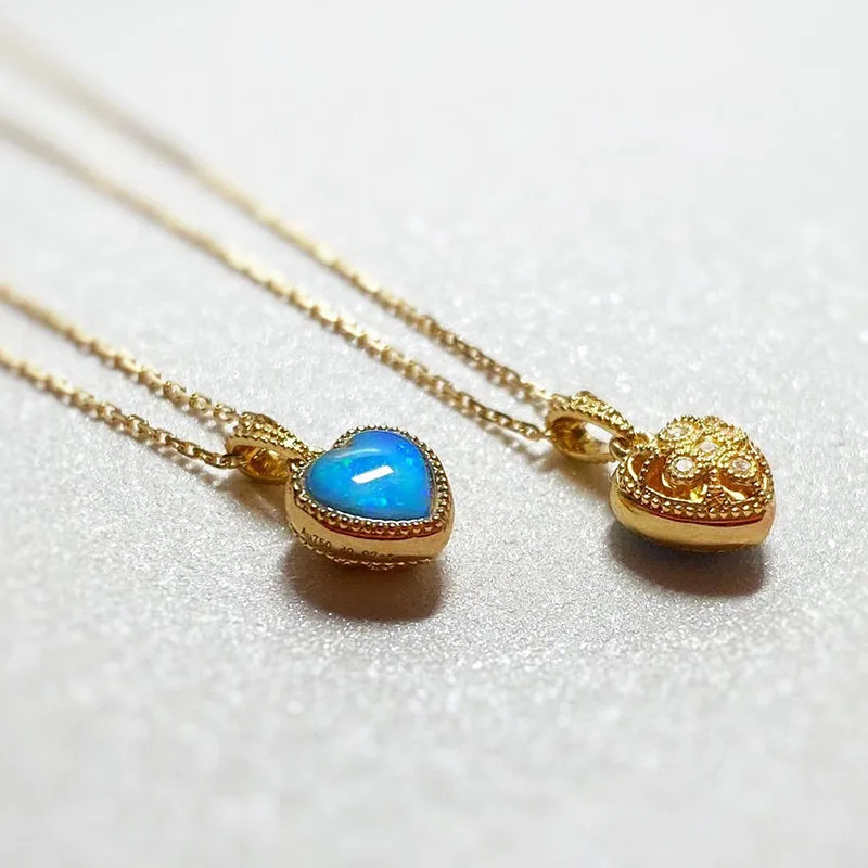 18K Gold Heart Shape 0.20ct Natural Opal Diamond Pendant Necklace 18"