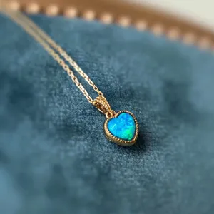 18K Gold Heart Shape 0.20ct Natural Opal Diamond Pendant Necklace 18"
