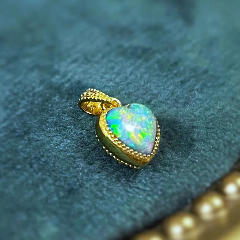 18K Gold Heart Shape 0.20ct Natural Opal Diamond Pendant Necklace 18"