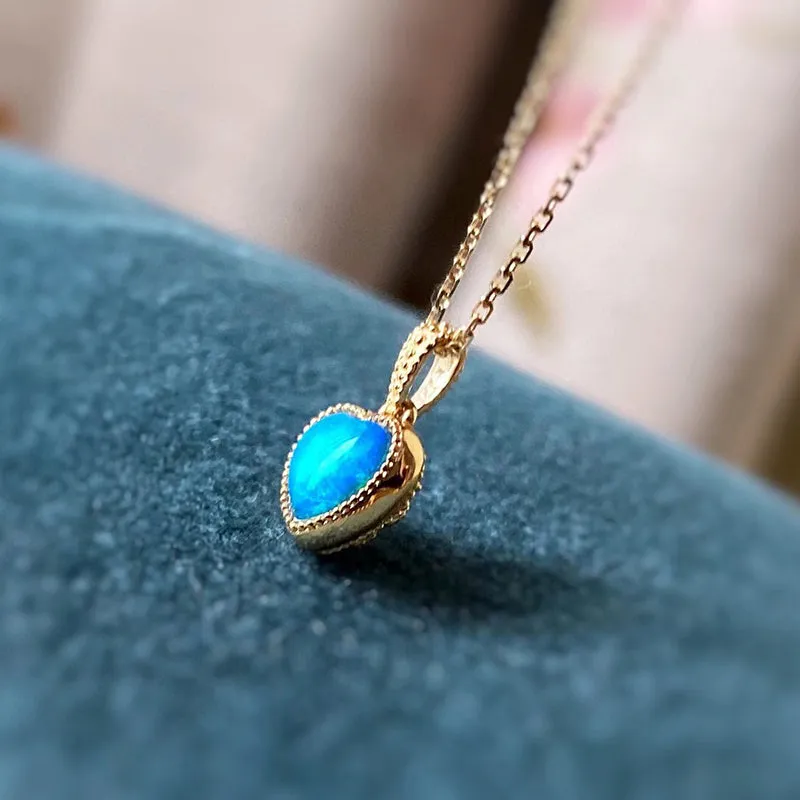 18K Gold Heart Shape 0.20ct Natural Opal Diamond Pendant Necklace 18"