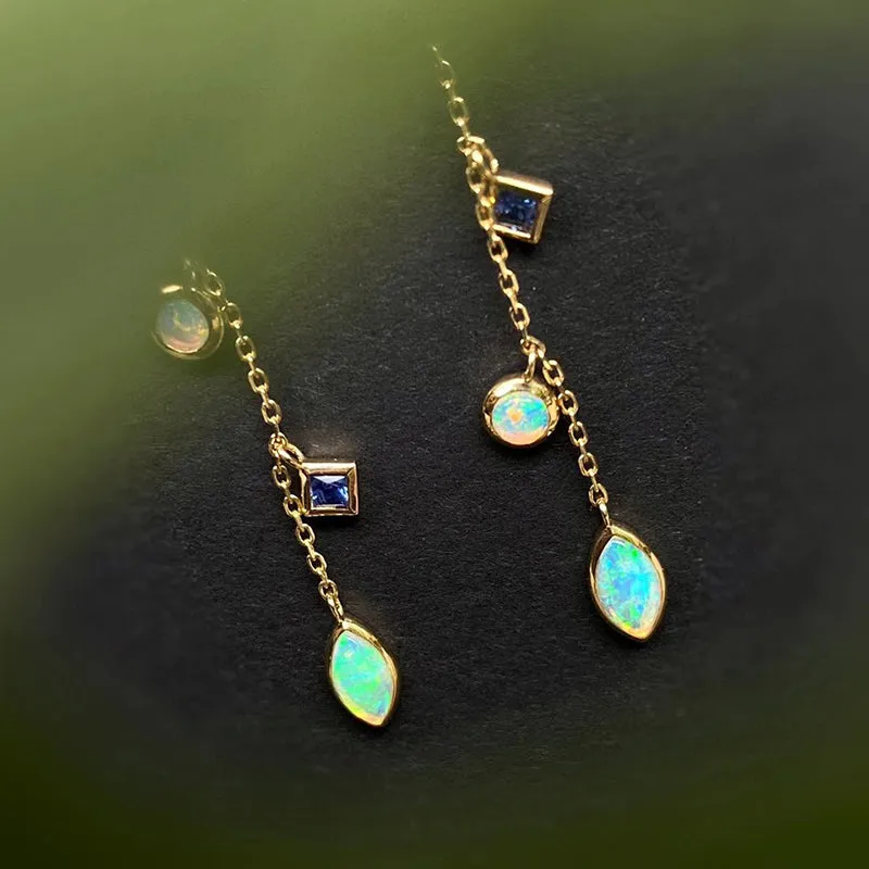 18K Gold Marquise Cut 0.1ct Natural Opal Sapphire Diamond Drop Earrings