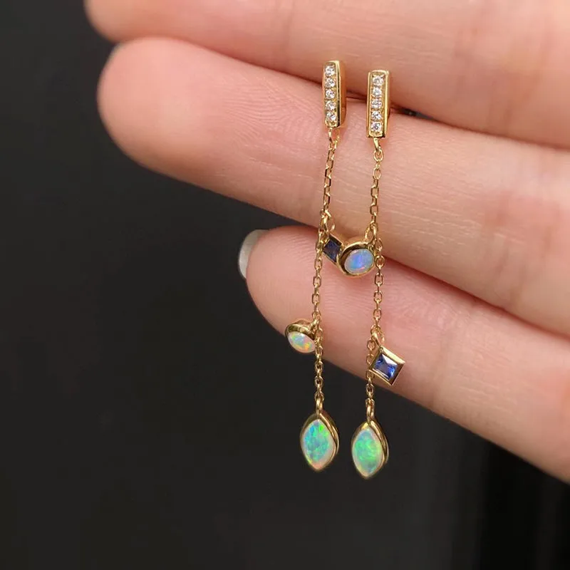 18K Gold Marquise Cut 0.1ct Natural Opal Sapphire Diamond Drop Earrings