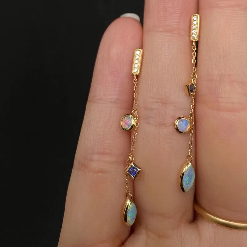 18K Gold Marquise Cut 0.1ct Natural Opal Sapphire Diamond Drop Earrings