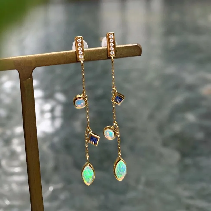 18K Gold Marquise Cut 0.1ct Natural Opal Sapphire Diamond Drop Earrings
