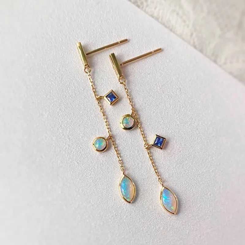 18K Gold Marquise Cut 0.1ct Natural Opal Sapphire Diamond Drop Earrings