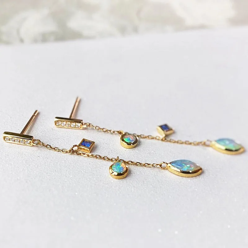 18K Gold Marquise Cut 0.1ct Natural Opal Sapphire Diamond Drop Earrings