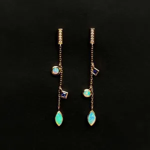 18K Gold Marquise Cut 0.1ct Natural Opal Sapphire Diamond Drop Earrings