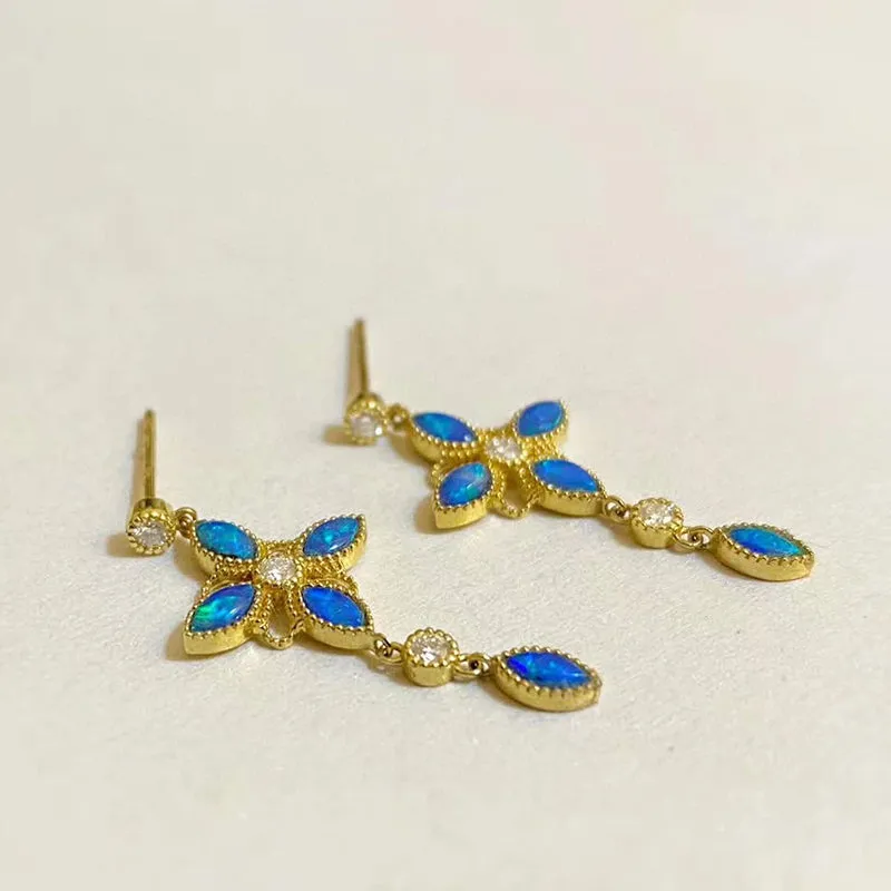 18K Gold Marquise Cut 0.5ct Natural Opal Diamond Drop Earrings