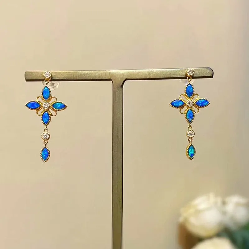18K Gold Marquise Cut 0.5ct Natural Opal Diamond Drop Earrings