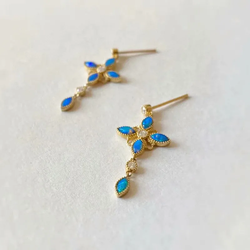 18K Gold Marquise Cut 0.5ct Natural Opal Diamond Drop Earrings