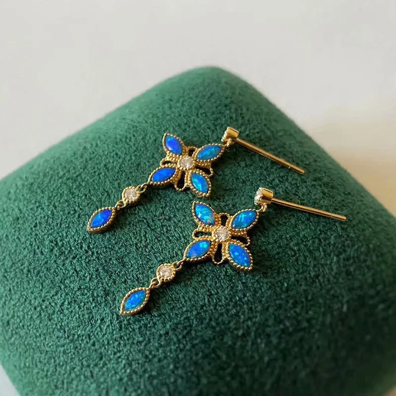 18K Gold Marquise Cut 0.5ct Natural Opal Diamond Drop Earrings