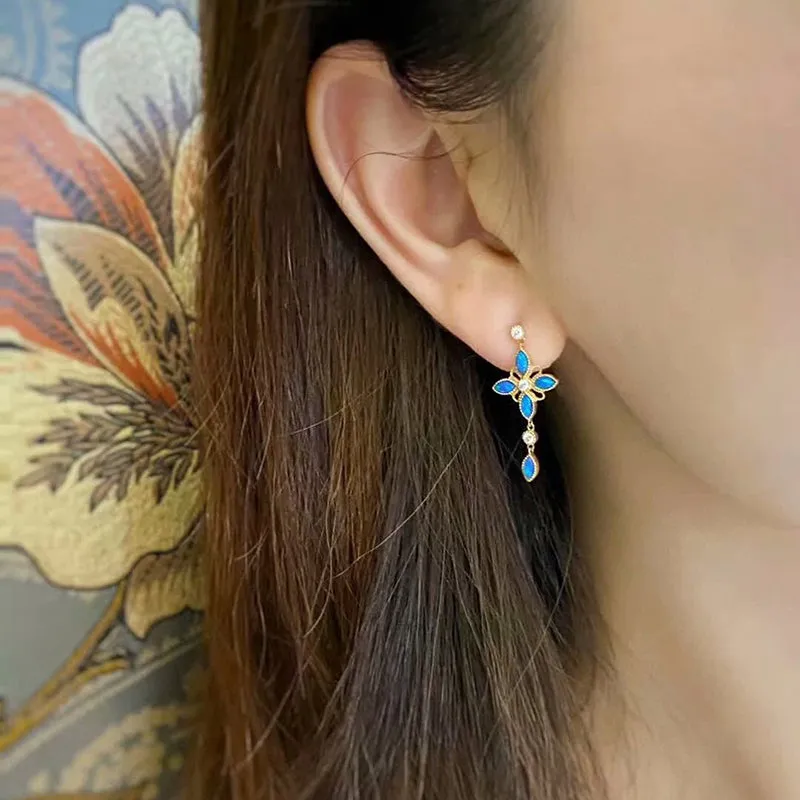 18K Gold Marquise Cut 0.5ct Natural Opal Diamond Drop Earrings