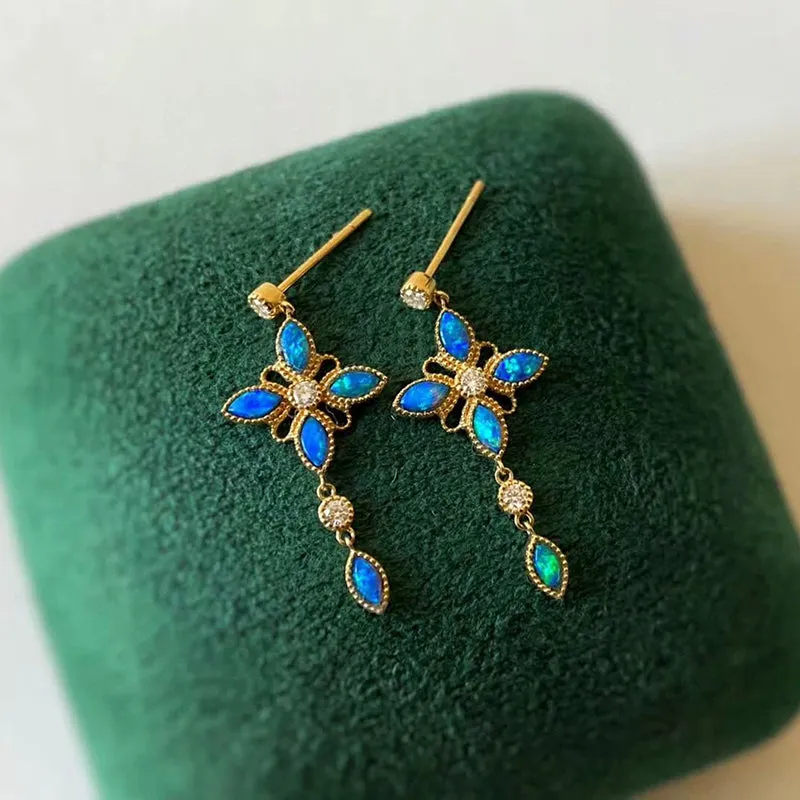 18K Gold Marquise Cut 0.5ct Natural Opal Diamond Drop Earrings