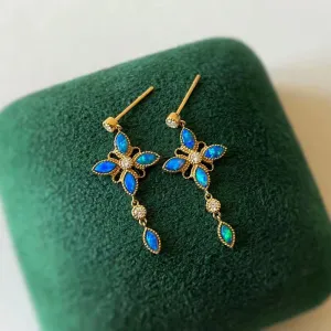 18K Gold Marquise Cut 0.5ct Natural Opal Diamond Drop Earrings